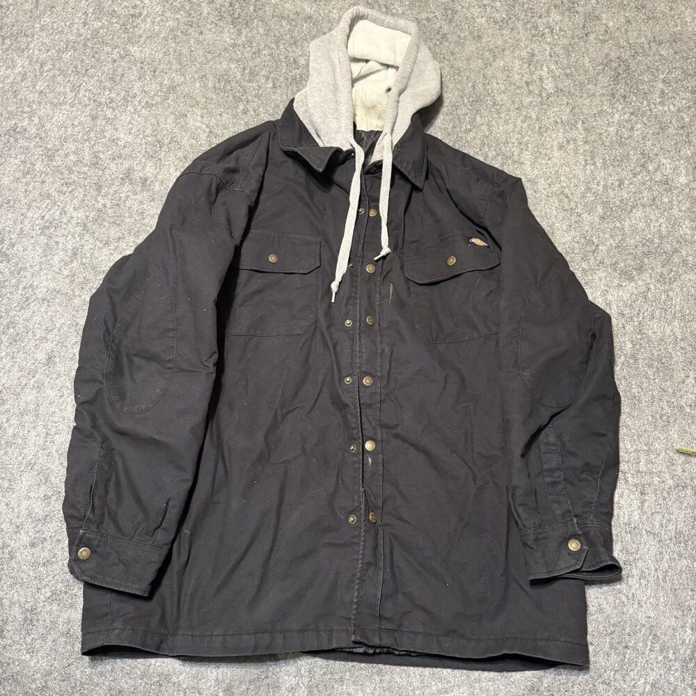 Dickies Hooded Work Jacket Mens 2XL Black Canvas Quilted Lined Duck Hoodie Coat